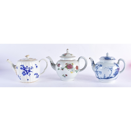 245 - TWO 18TH CENTURY WORCESTER PORCELAIN TEAPOTS AND COVERS together with a Liverpool teapot. Largest 18... 