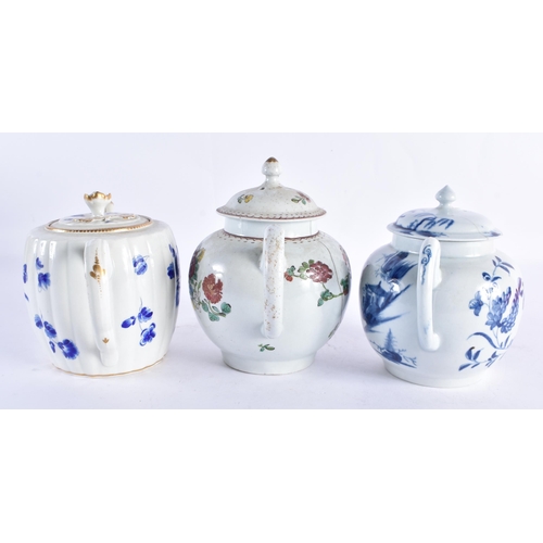 245 - TWO 18TH CENTURY WORCESTER PORCELAIN TEAPOTS AND COVERS together with a Liverpool teapot. Largest 18... 