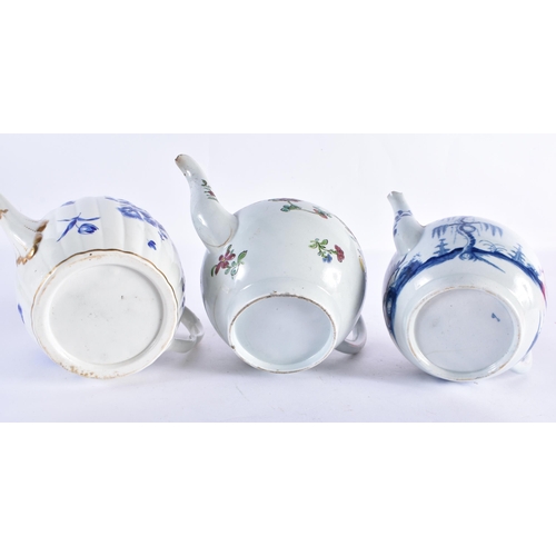 245 - TWO 18TH CENTURY WORCESTER PORCELAIN TEAPOTS AND COVERS together with a Liverpool teapot. Largest 18... 