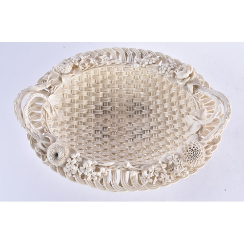 247 - A LARGE ANTIQUE IRISH BELEEK PORCELAIN RETICULATED BASKET. 30 cm x 22 cm.