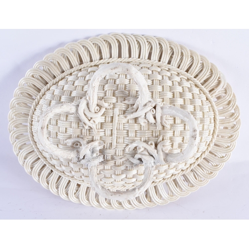 247 - A LARGE ANTIQUE IRISH BELEEK PORCELAIN RETICULATED BASKET. 30 cm x 22 cm.