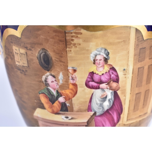 257 - A PAIR OF EARLY 19TH CENTURY ENGLISH PORCELAIN VASES painted with interior scenes. 31.5 cm high.