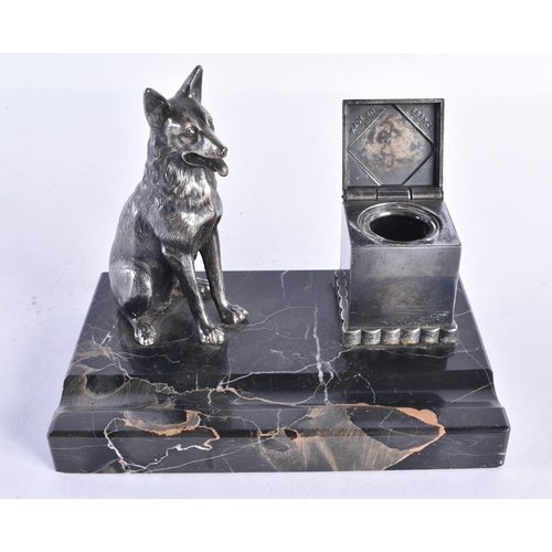 259 - AN ART DECO FRENCH PEWTER AND MARBLE DOG DESK STAND together with a bronze bird ashtray. Largest 15 ... 