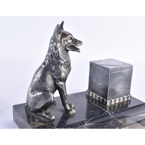 259 - AN ART DECO FRENCH PEWTER AND MARBLE DOG DESK STAND together with a bronze bird ashtray. Largest 15 ... 