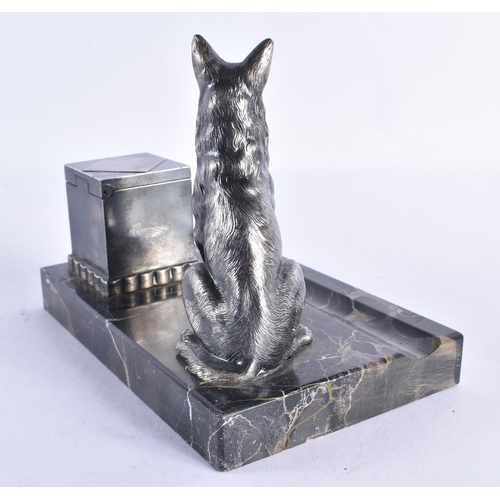 259 - AN ART DECO FRENCH PEWTER AND MARBLE DOG DESK STAND together with a bronze bird ashtray. Largest 15 ... 