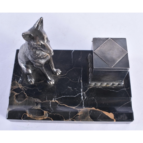 259 - AN ART DECO FRENCH PEWTER AND MARBLE DOG DESK STAND together with a bronze bird ashtray. Largest 15 ... 