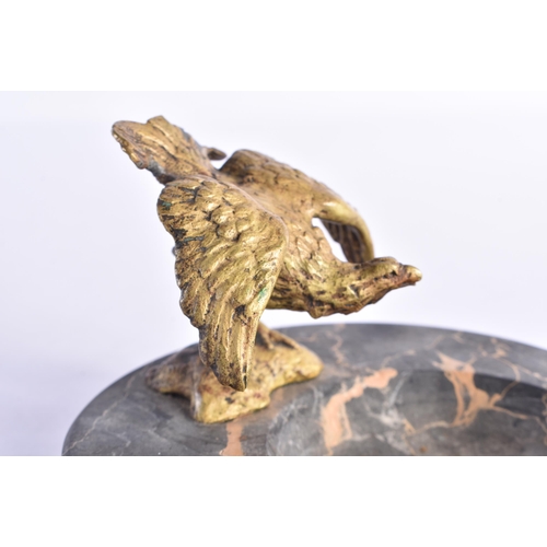 259 - AN ART DECO FRENCH PEWTER AND MARBLE DOG DESK STAND together with a bronze bird ashtray. Largest 15 ... 