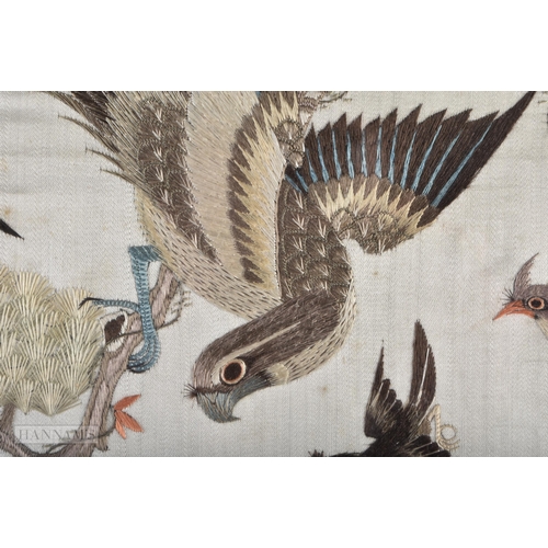 25B - A FINE 19TH CENTURY CHINESE SILK EMBROIDERED BIRD PANEL Qing. 58 x 44 cm