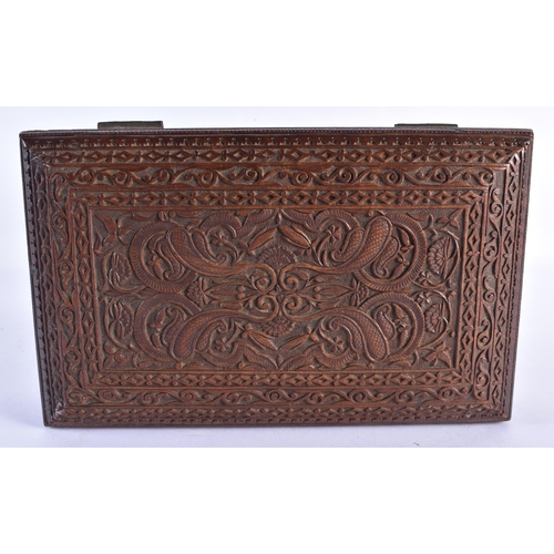 26 - A 19TH CENTURY ANGLO INDIAN CARVED SANDALWOOD BOX AND COVER decorated with foliage. 21 cm x 14 cm.