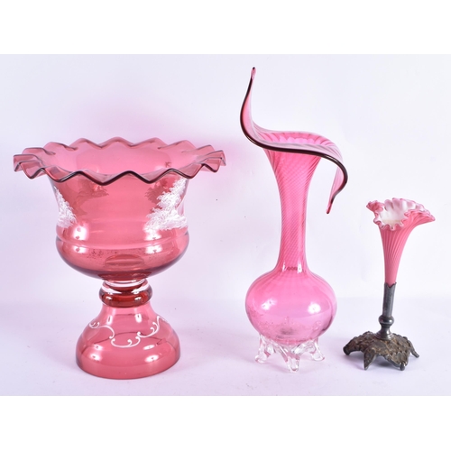 266 - A LARGE CRANBERRY GLASS JACK IN A PULPIT VASE together with a Mary Gregory style crimped vase & anot... 