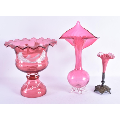 266 - A LARGE CRANBERRY GLASS JACK IN A PULPIT VASE together with a Mary Gregory style crimped vase & anot... 