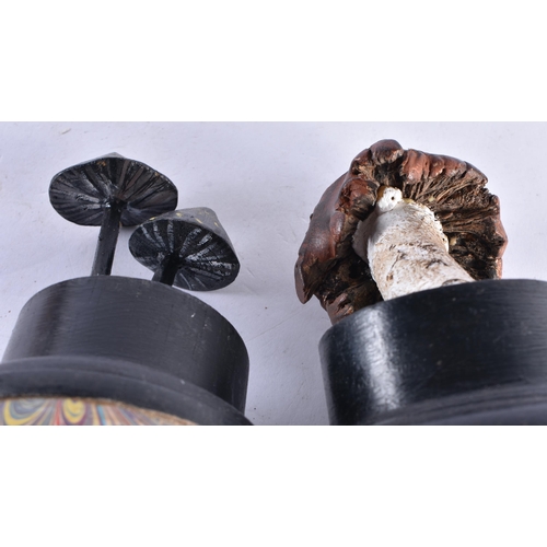 279 - TWO FOLK ART CARVED WOOD MUSHROOM SPECIMANS. Largest 18 cm high. (2)