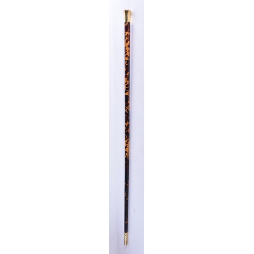 291 - AN EARLY VICTORIAN YELLOW METAL MOUNTED TORTOISESHELL WALKING CANE. 91 cm long.