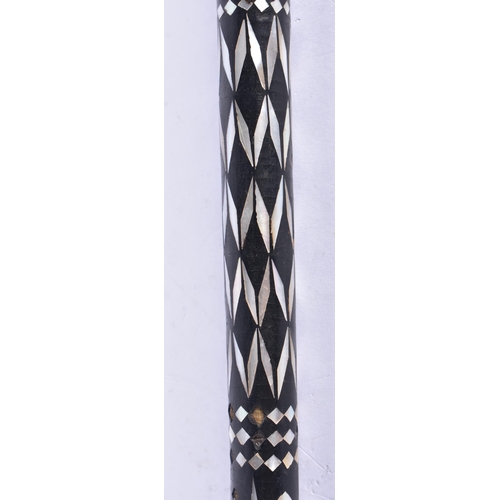 292 - AN UNUSUAL 19TH CENTURY MOTHER OF PEARL INLAID STICK together with an African hardwood tribal staff.... 