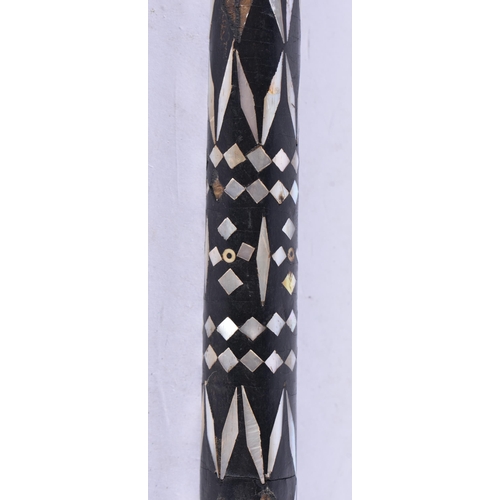 292 - AN UNUSUAL 19TH CENTURY MOTHER OF PEARL INLAID STICK together with an African hardwood tribal staff.... 