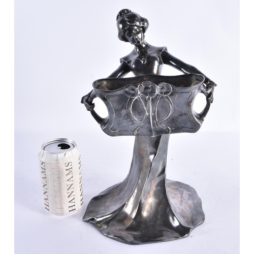 295 - AN ART NOUVEAU FRENCH PEWTER TWIN HANDLED PEWTER FIGURAL VASE. 34 cm x 18 cm.