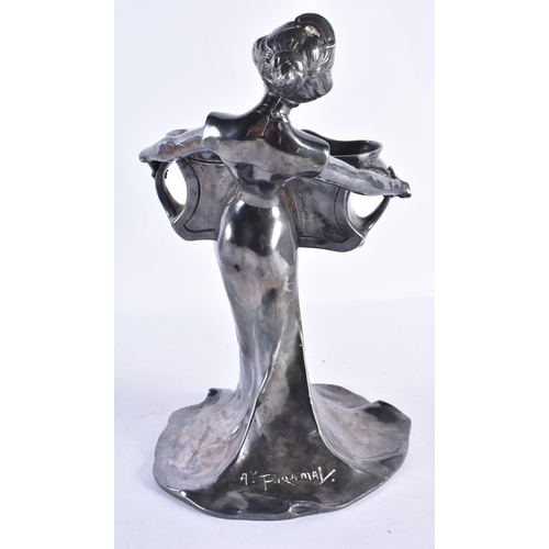 295 - AN ART NOUVEAU FRENCH PEWTER TWIN HANDLED PEWTER FIGURAL VASE. 34 cm x 18 cm.