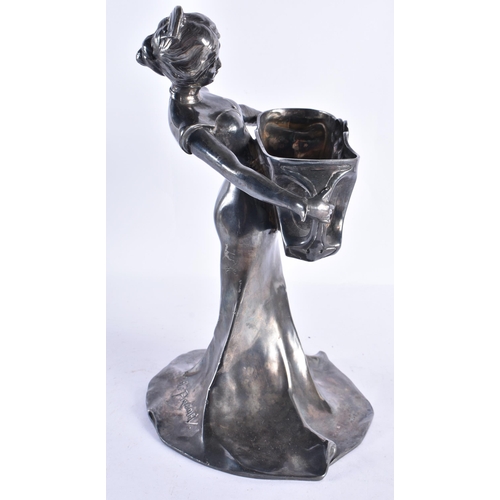 295 - AN ART NOUVEAU FRENCH PEWTER TWIN HANDLED PEWTER FIGURAL VASE. 34 cm x 18 cm.