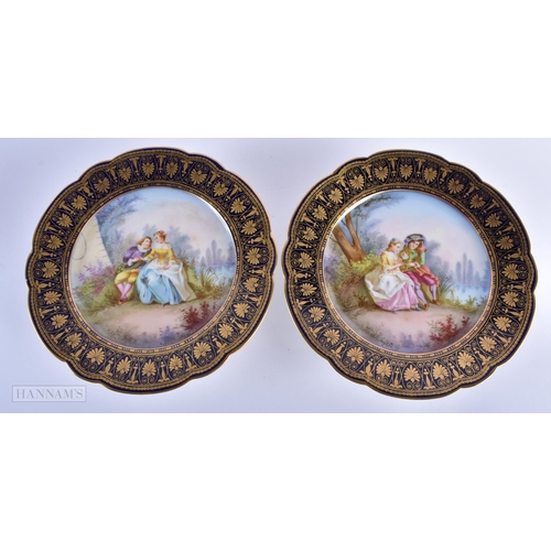 30C - A GOOD LATE 19TH CENTURY FRENCH SEVRES PORCELAIN DESSERT SERVICE painted with figures on a rich blue... 