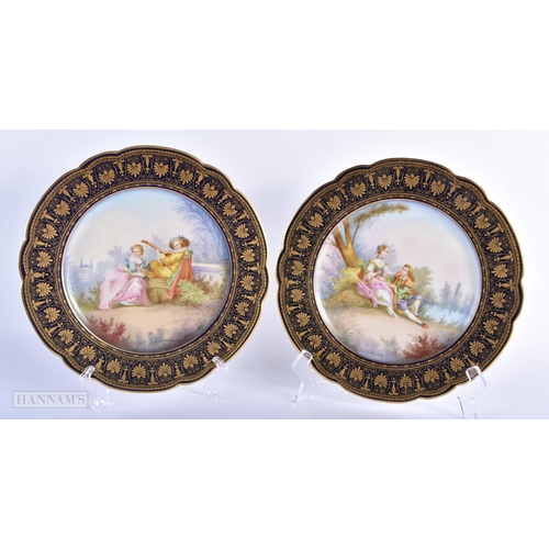30C - A GOOD LATE 19TH CENTURY FRENCH SEVRES PORCELAIN DESSERT SERVICE painted with figures on a rich blue... 