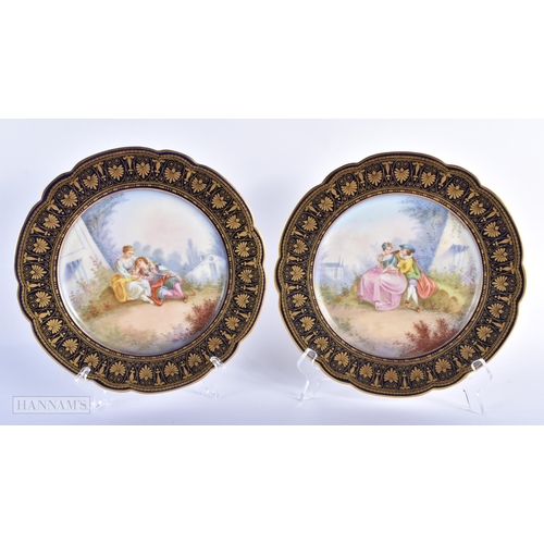 30C - A GOOD LATE 19TH CENTURY FRENCH SEVRES PORCELAIN DESSERT SERVICE painted with figures on a rich blue... 
