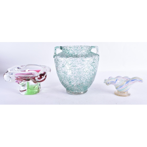 310 - A TWIN HANDLED CRACKED ICE GLSS VASE possibly WMF, together with two Italian glass bowls. Largest 17... 