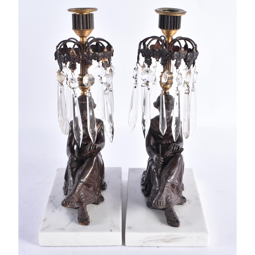 316 - A PAIR OF REGENCY BRONZE AND CUT GLASS TABLE LUSTRES. 28 cm high.