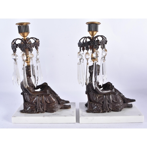 316 - A PAIR OF REGENCY BRONZE AND CUT GLASS TABLE LUSTRES. 28 cm high.