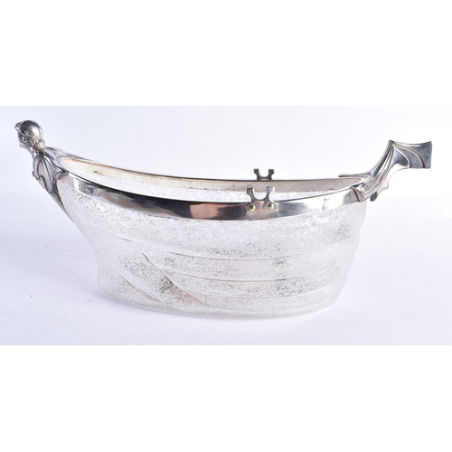 321 - AN UNUSUAL ART DECO WMF SILVER PLATED FROSTED GLASS SERVING BOWL formed as a boat with figural termi... 