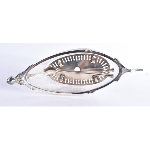 321 - AN UNUSUAL ART DECO WMF SILVER PLATED FROSTED GLASS SERVING BOWL formed as a boat with figural termi... 