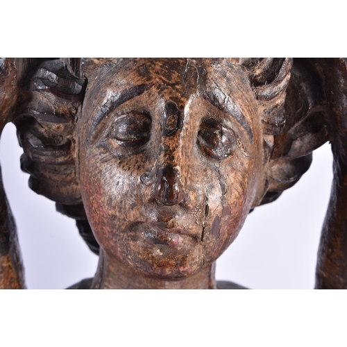 336 - AN 18TH CENTURY EUROPEAN CARVED AND PAINTED WOOD FIGURE possibly a ships figure head. 40 cm x 24 cm.