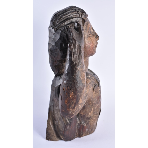 336 - AN 18TH CENTURY EUROPEAN CARVED AND PAINTED WOOD FIGURE possibly a ships figure head. 40 cm x 24 cm.