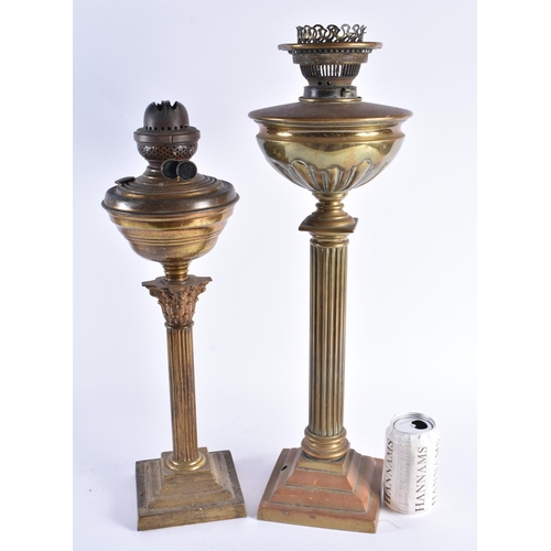 346 - TWO LARGE 19TH CENTURY ENGLISH COUNTRY HOUSE OIL LAMPS formed as corinthian columns. Largest 54 cm h... 