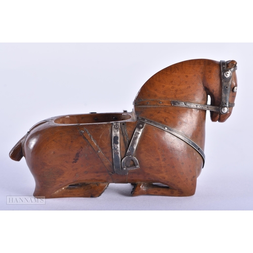 35E - A LOVELY 18TH/19TH CENTURY CARVED FRUITWOOD SNUFF BOX formed as a horse, probably overlaid in silver... 