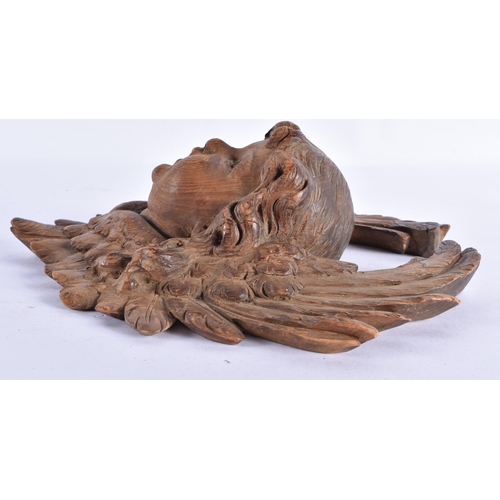 36 - AN 18TH/19TH CENTURY CONTINENTAL CARVED WOOD MASK HEAD flanked with feather work. 22 cm x 22 cm.