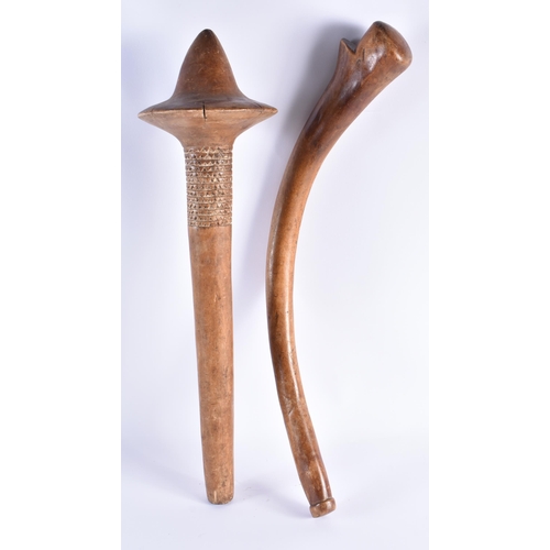 364 - TWO TRIBAL CARVED WOOD CLUBS one with geometric designs. 60 cm long. (2)