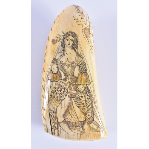 366 - A FINE VICTORIAN SAILORS SCRIMSHAW WHALES TOOTH engraved with a female revealing her breasts, the re... 