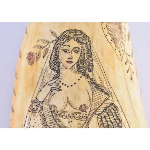 366 - A FINE VICTORIAN SAILORS SCRIMSHAW WHALES TOOTH engraved with a female revealing her breasts, the re... 