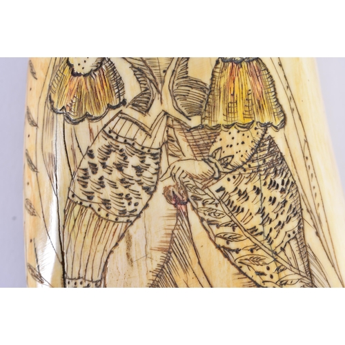 366 - A FINE VICTORIAN SAILORS SCRIMSHAW WHALES TOOTH engraved with a female revealing her breasts, the re... 