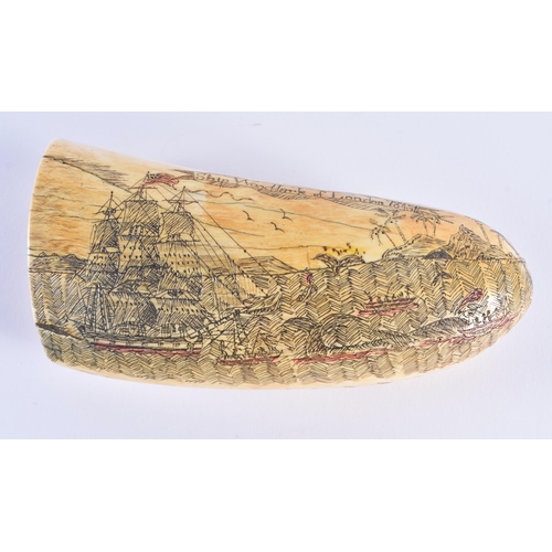 366 - A FINE VICTORIAN SAILORS SCRIMSHAW WHALES TOOTH engraved with a female revealing her breasts, the re... 