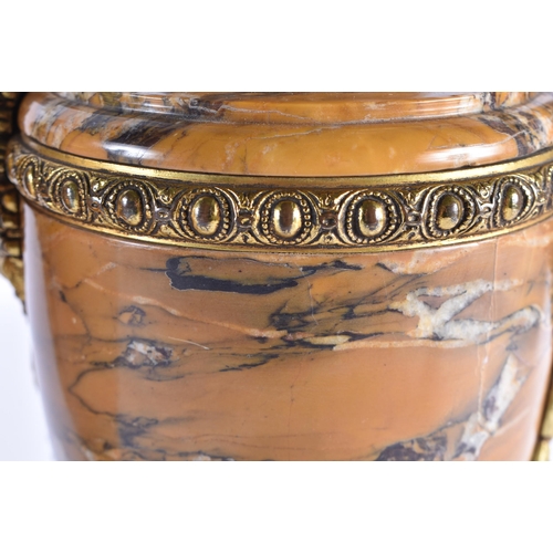 380 - A FINE PAIR OF 19TH CENTURY FRENCH GILT BRONZE SIENNA MARBLE URNS overlaid with bacchus mask heads. ... 