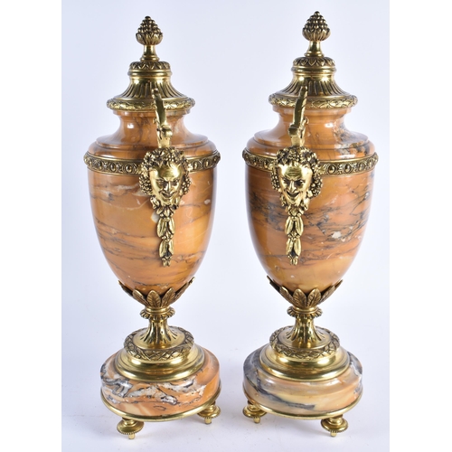 380 - A FINE PAIR OF 19TH CENTURY FRENCH GILT BRONZE SIENNA MARBLE URNS overlaid with bacchus mask heads. ... 