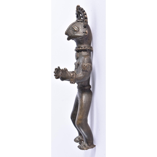 388 - A 19TH CENTURY AFRICAN TRIBAL BRONZE FIGURE OF A MALE. 15.5 cm high.