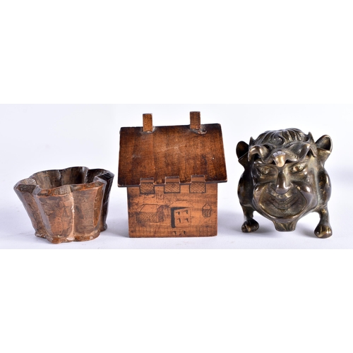 393 - A 19TH CENTURY FRENCH NOVELTY GROTESQUE BRONZE INKWELL together with an early treen wood salt and ca... 