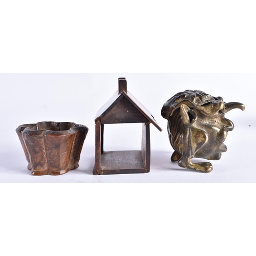 393 - A 19TH CENTURY FRENCH NOVELTY GROTESQUE BRONZE INKWELL together with an early treen wood salt and ca... 