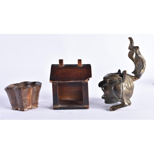 393 - A 19TH CENTURY FRENCH NOVELTY GROTESQUE BRONZE INKWELL together with an early treen wood salt and ca... 