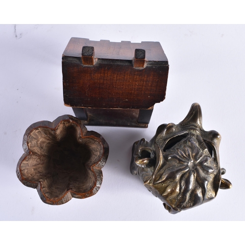 393 - A 19TH CENTURY FRENCH NOVELTY GROTESQUE BRONZE INKWELL together with an early treen wood salt and ca... 