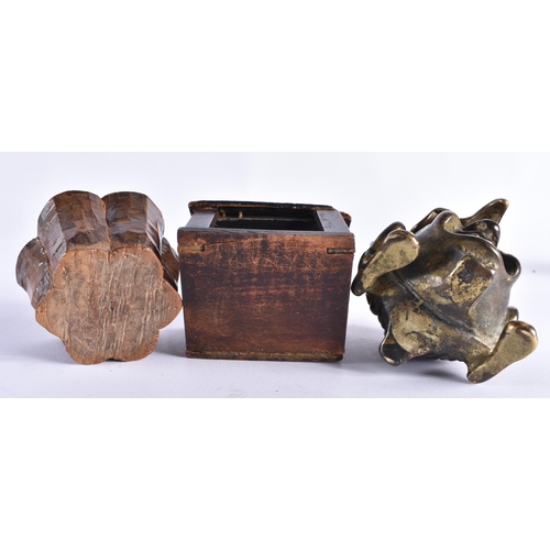 393 - A 19TH CENTURY FRENCH NOVELTY GROTESQUE BRONZE INKWELL together with an early treen wood salt and ca... 