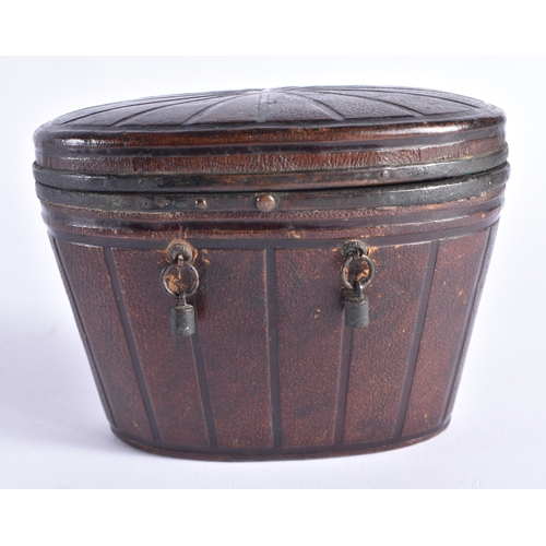 401 - A RARE GEORGE III LEATHER CASED TRAVELLING VANITY BOX inset with a mirror. 13 cm x 9 cm.