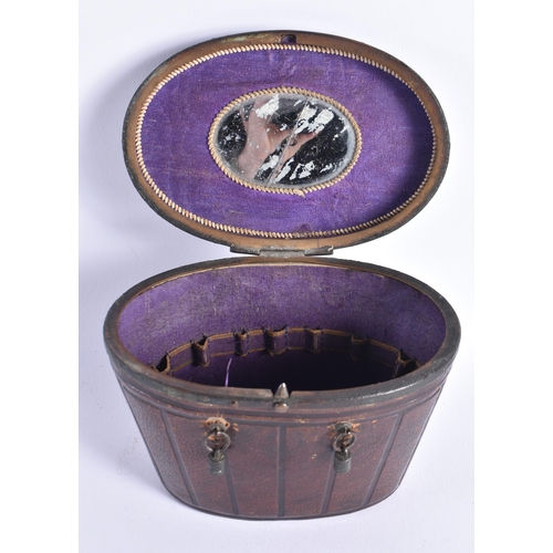 401 - A RARE GEORGE III LEATHER CASED TRAVELLING VANITY BOX inset with a mirror. 13 cm x 9 cm.